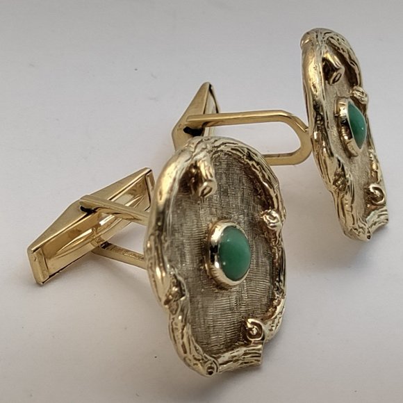 1950's Wood Design 14k Yellow Gold 585 Chrysoprase Cufflinks 14.7g - Picture 2 of 9